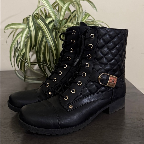 G by Guess Black Quilted Combat Boots with Gold accents Women's Size 7.5 - Picture 1 of 7